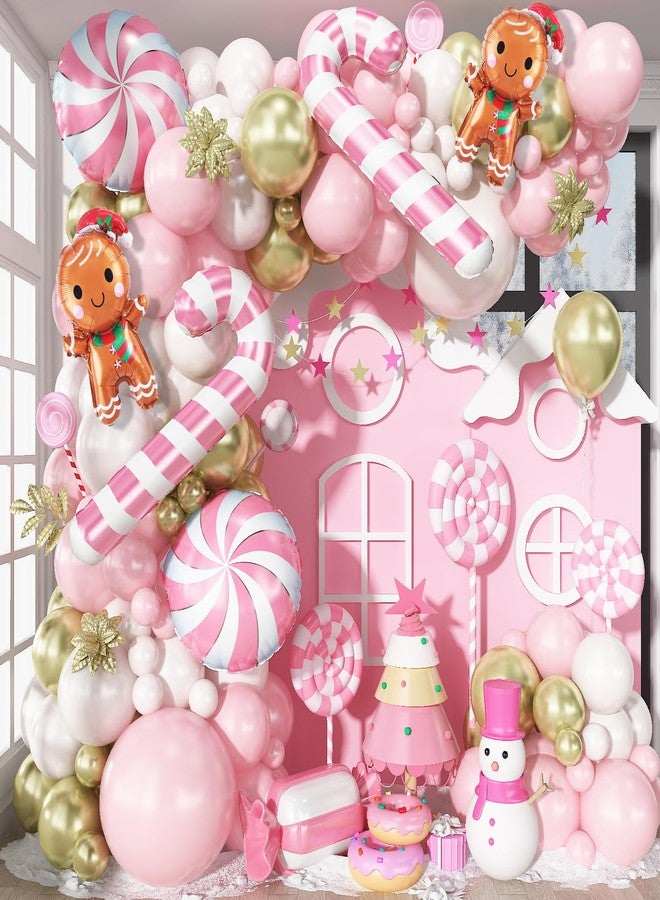 Froova Pink Christmas Balloon Arch Kit, Pastel Baby Pink White Gold Christmas Balloons with Gingerbread Man Candy Cane Swirl Lollipop Foil Balloon for Xmas Birthday Baby Shower Party Decorations - Image 1